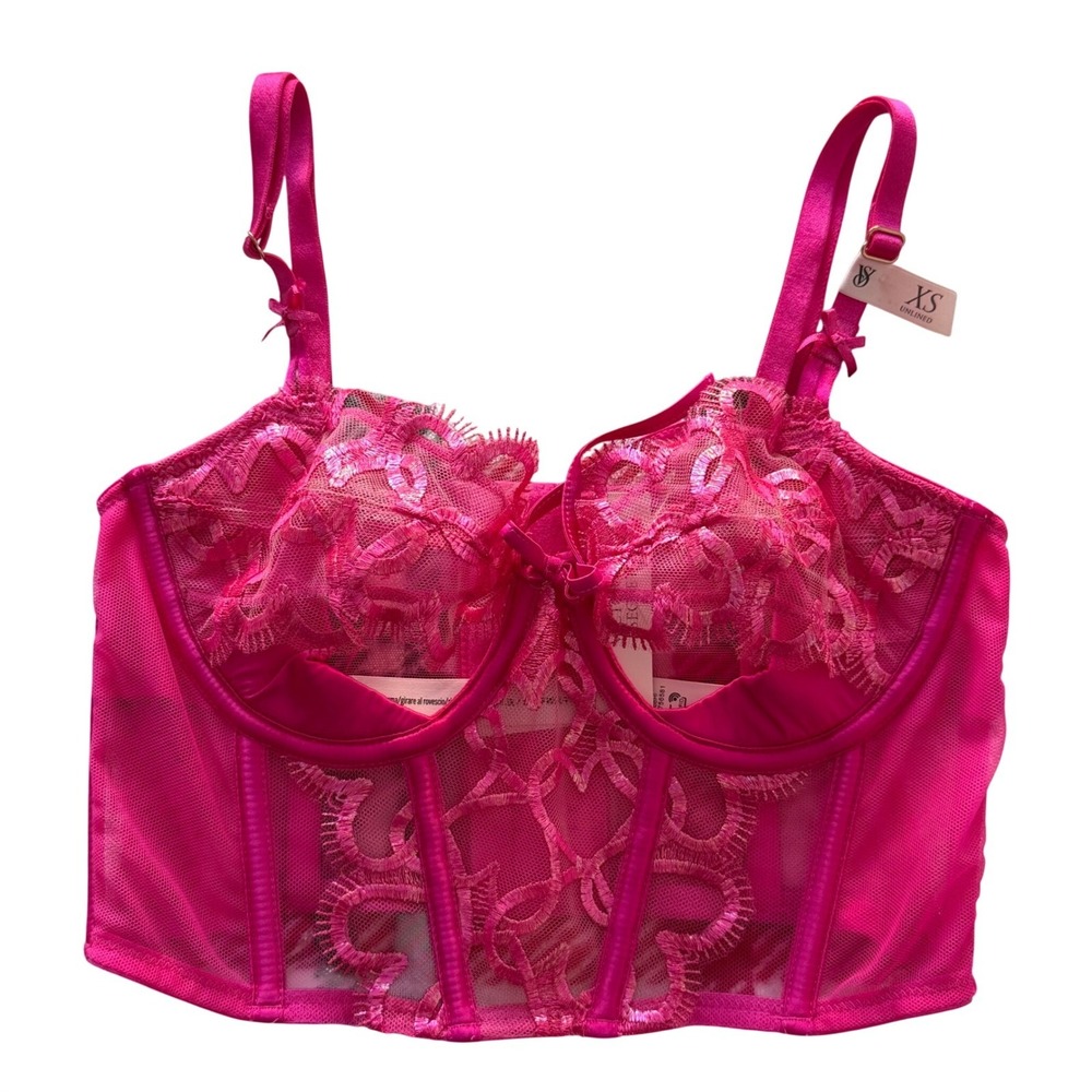 Victoria's‎ Secret Pink Lace Corset Bustier Bra Top XS Boning Strappy Party